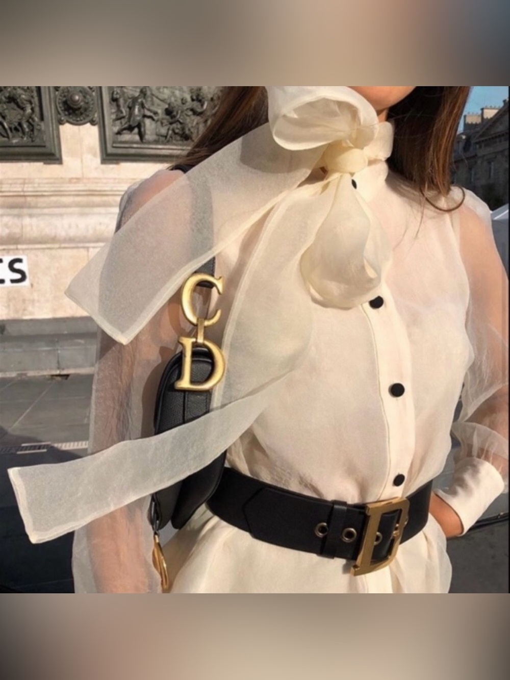 Zara organza blouse bow cream ecru sheer button down puff blogger fave NwT M